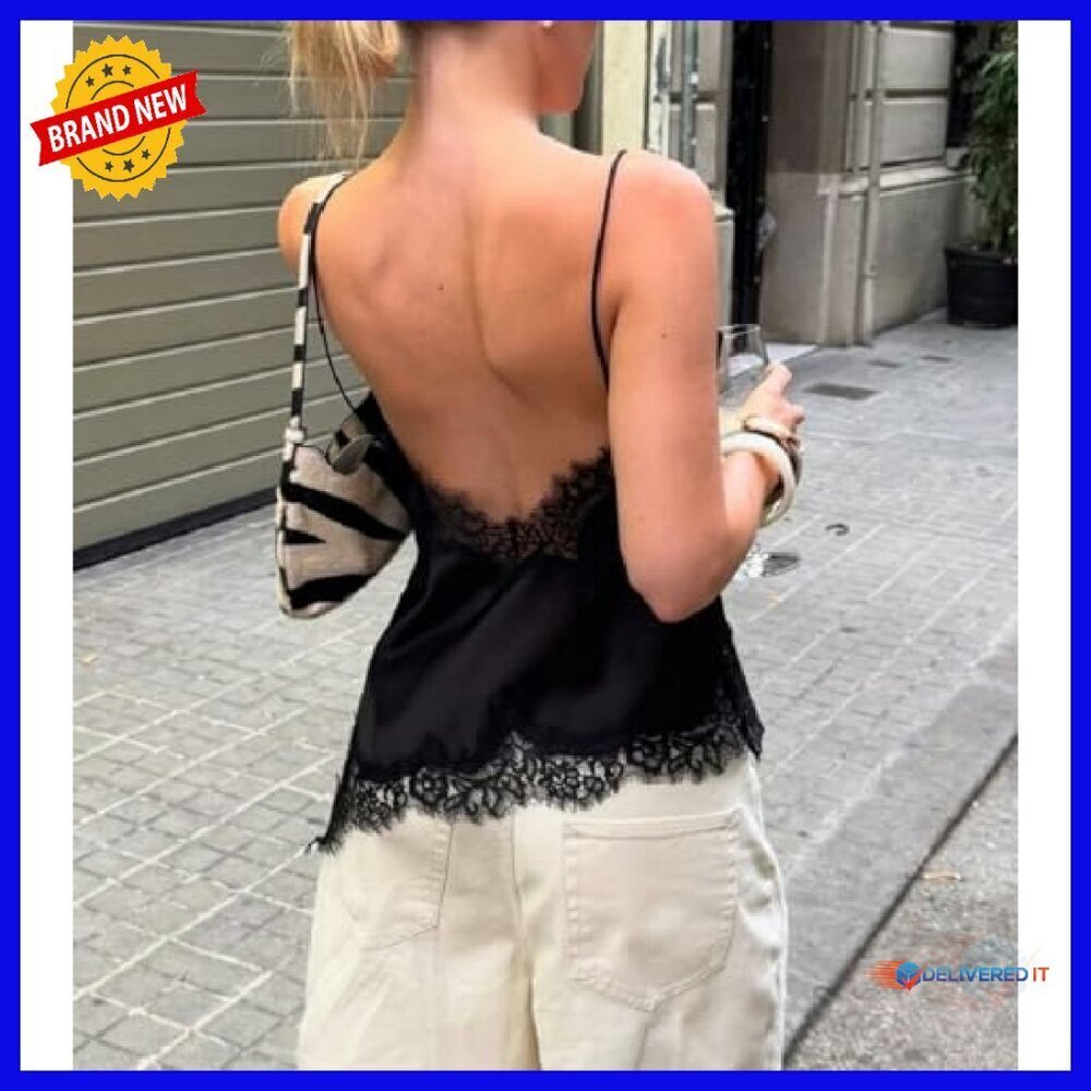 Satin Lace Cami Top Y2K Asymmetrical Spaghetti Strap Side Slit - Picture 7 of 7